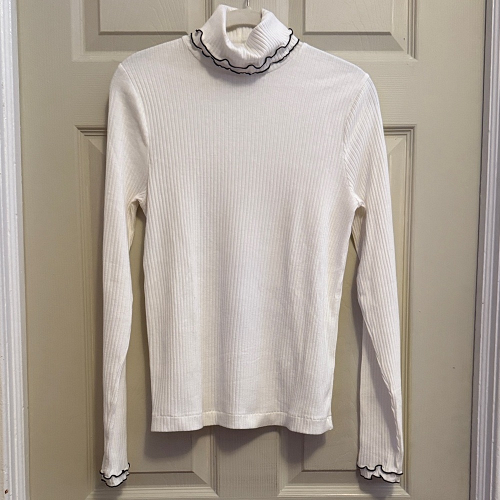 J. Crew White Long Sleeve Top with Black Trim